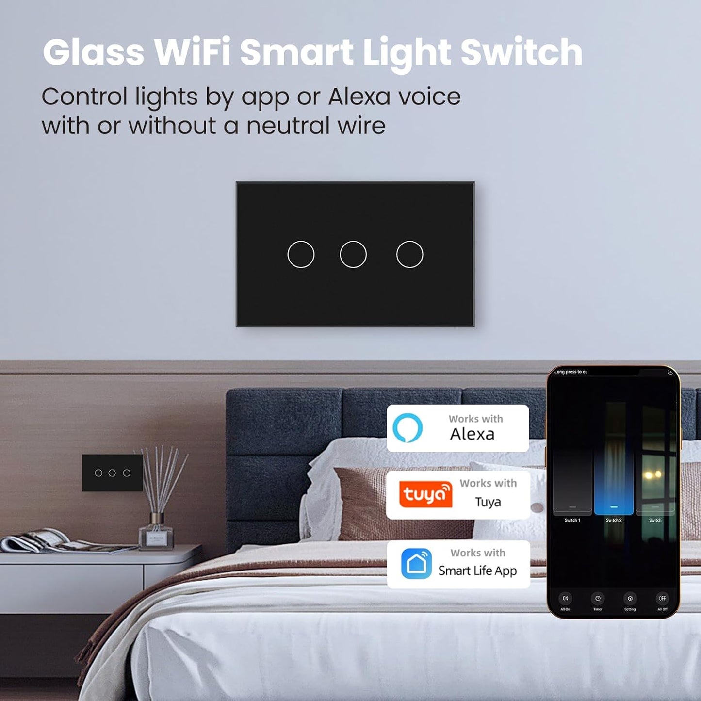 Smart Wi-Fi Light Switch – 3-Gang, No Neutral Wire Required, Alexa & Google Home