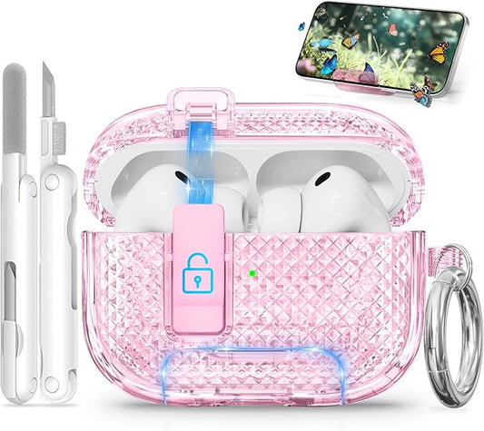 for AirPods Pro 3 Case with Phone Stand & Secure Lock, Auto-Open Clear Case Cover Compatible with Apple AirPods Pro 3rd Generation with Cleaning Kit & Keychain