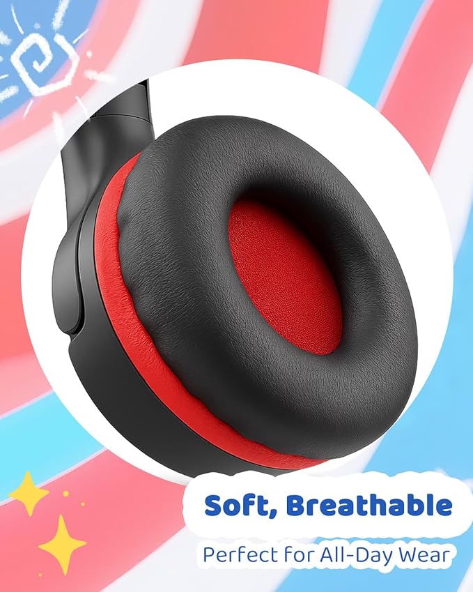Wired Kids Headphones with Mic, Foldable, Volume Control Safe Listening(85/94dB), 3.5mm Jack on-Ear Headset for Chilren/Teens/Easter Day/School/Travel/Plane/Tablet/Laptop,Black-Red