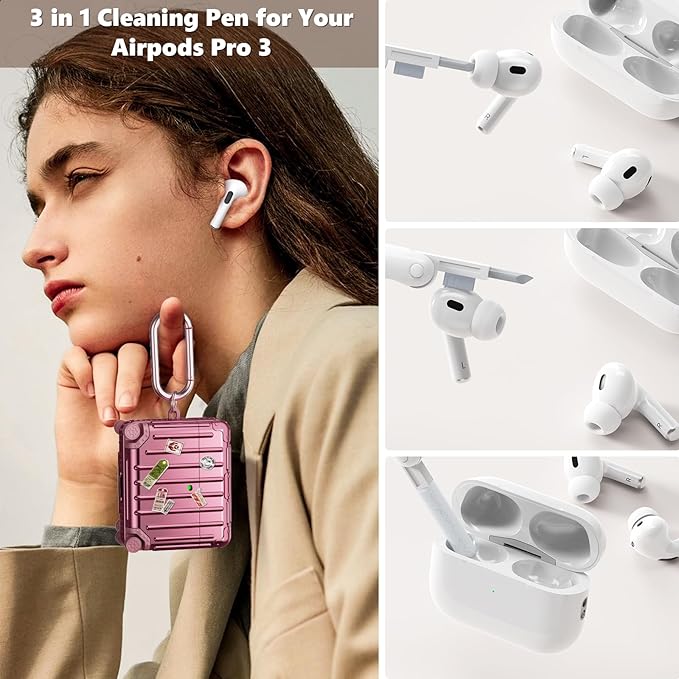 KOREDA Compatible with AirPods Pro 3 Case Cover, Cute Funny Suitcase Design Case for AirPods Pro 3rd Generation, Fashion Protective Hard Case for Women Men with Keychain and Cleaner Kit (Rose Gold)