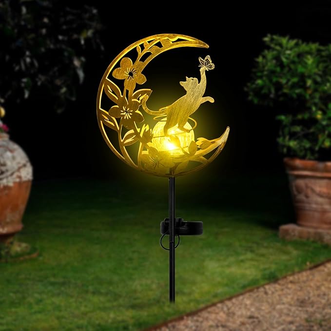 JOBOSI Solar-Powered Moon Cat Decorative Gift, Solar Moon Cat Ground Stake Light, Mother's Day Gift, Gifts for Women Mom Grandmother, Garden Lawn Decor Christmas & New Year Gift Cat