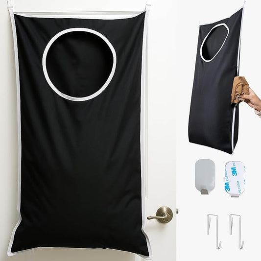 Hanging Laundry Hamper Bag XL 40x22", Space Saving over the Door Storage Bags, Behind the Door Hampers for Dirty Clothes & Wall Mounted Basket for Bathroom (1, Black)