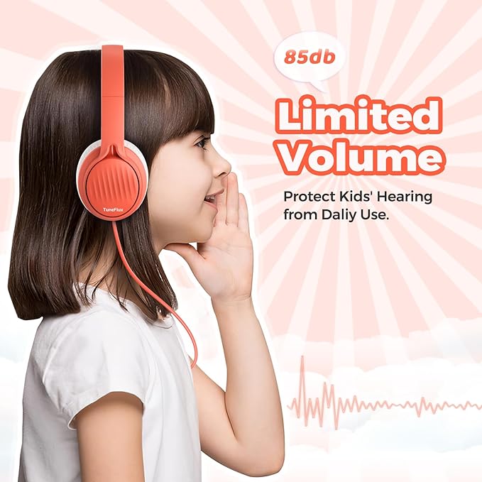 TuneFlux Upgraded Kids Headphones, Wired Toddler Headsets, 85dB Limited Volume On Ear Headphones, Portable Foldable Design, Stereo Sound Kids Headsets for School/Tablet/Travel-Orange