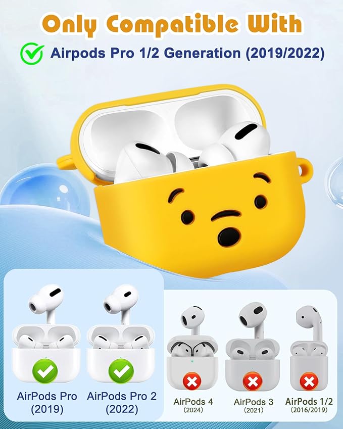 Boaretiu for AirPods Pro/Pro 2nd Generation Case - Cute Kawaii Yellow Bear with Keychain for AirPods Pro & Pro 2 Case Cover Funny 3D Soft Silicone Fun Cool for Girls Women Teens Boys