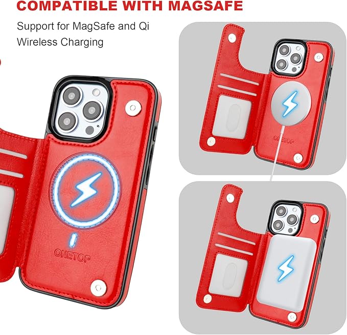 ONETOP Compatible with Magsafe for iPhone 13 Pro Wallet Case with Card Holder, PU Leather Kickstand RFID Blocking Case, Double Magnetic Clasp and Durable Shockproof Cover 6.1 Inch (Red)