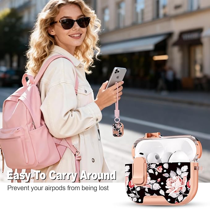 for AirPods Pro 3 Case(2025) with Secure Lock Clip and Phone Stand,Floral Girly Style Protective Cover with Cleaning Kit and Hand Strap for Apple AirPod Pro 3 Generation (Rose Petals)