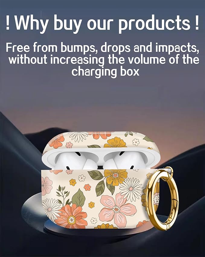 Cute Hard Case Compatible with AirPods Pro 2nd/1st Generation, Protective Cover with Golden Keychain, Fits 2023/2022/2019 Models, for Women, Girls, and Men(Groovy Retro Boho Flower