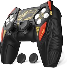 PlayVital Silicone Skin Set for PS5 Controller - Mecha Rhino Design, Anti-Slip Grip Cover Protector Compatible with Charging Dock, with Thumb Grips & Touchpad Sticker - Black & Caution Red - Image 1