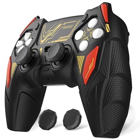 PlayVital Silicone Skin Set for PS5 Controller - Mecha Rhino Design, Anti-Slip Grip Cover Protector Compatible with Charging Dock, with Thumb Grips & Touchpad Sticker - Black & Caution Red