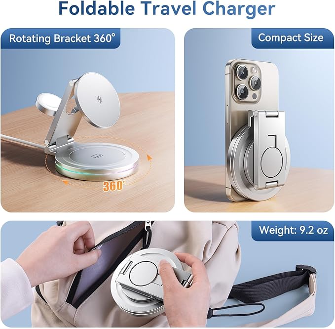 3 in 1 Wireless Charging Station for Apple Charger, 15W Fast Mag-Safe Qi-Certified Magnetic Portable Charger Stand for iPhone 1615141312 Apple Watch AirPods 3/2 Pro, Adjustable Angle (Silver, Qi)