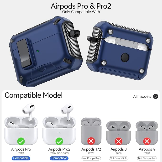 for AirPods Pro 2nd/1st Case (2023/2022/2019) with Phone Stand,（with Automatic Snap Switch） Carbon Fiber Design Protection Cover with Cleaning Pen,Blue