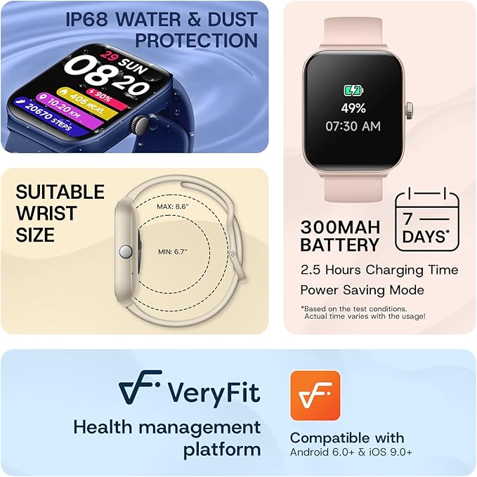 OCTANDRA Inspire VeryFit 1.95" Bluetooth Answer Call Alexa Smart Watch Body Energy Heart Rate HRV Oxygen Saturation Sleep Monitor Step Tracker IP68 Fitness Watches for Men Women (IDW16) (Black)