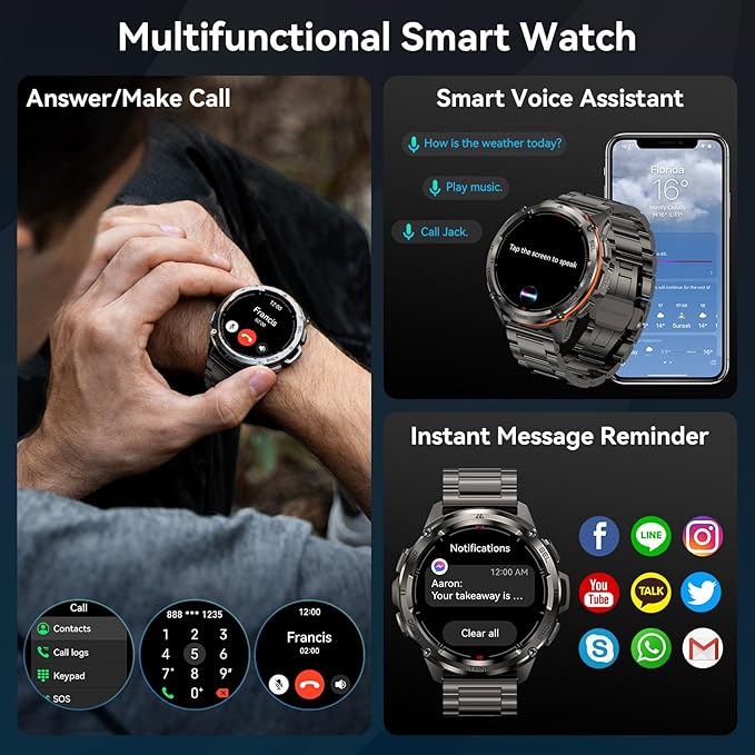 KOSPET Tank T3 Ultra GPS Smart Watch for Men-Pressure/Altitude/Compass, Extra-Large Battery, Stainless Steel Unibody Rugged Military Smartwatch Make/Answer Call, 5ATM Waterproof (2 Bands)