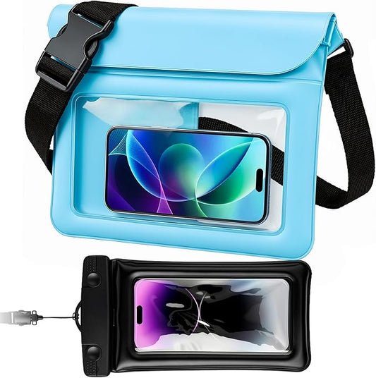 Waterproof Pouch Bag Set IPX8 2 Pcs: Blue Water Proof Fanny Pack 9.8" with Clear Window & Black Waterproof Phone Case 7" Phone Pouch, Floating Belt Bag with Crossbody Waist Strap, Cruise Essentials