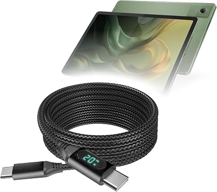 BoxWave Cable Compatible with Motorola Moto Pad 60 Neo - PowerDisplay PD Cable (6ft) - USB-C to USB-C (100W), LED Wattage Info Extra Long Braided Nylon - Jet Black
