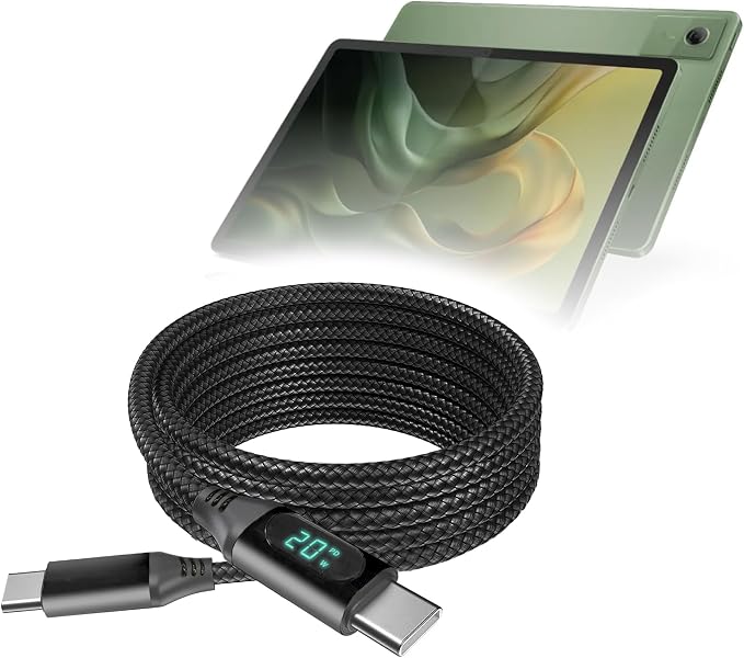 BoxWave Cable Compatible with Motorola Moto Pad 60 Neo - PowerDisplay PD Cable (6ft) - USB-C to USB-C (100W), LED Wattage Info Extra Long Braided Nylon - Jet Black