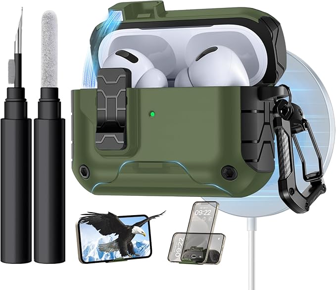 Lerobo for AirPods Pro 2 Case Cover, Hard Shockproof Cover with Phone Stand & Cleaning Kit Compatible with Magsafe, Magnetic Automatic Lock for AirPods Pro 1st & 2nd Generation Case, Army Green