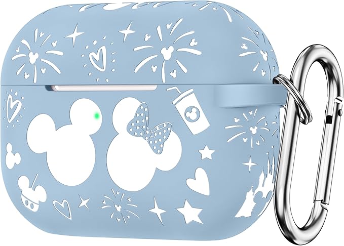 Compatible with Airpods Pro 2nd/1st Generation Case Cover with Keychain, Women Men Soft Silicone Two-Tone Cute Cartoon Engraved Convenience Protective Case, Front LED Visible Blue/White