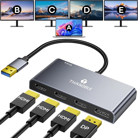 USB 3.0 to Quad HDMI with DisplayPort Adapter, 1080P@60Hz USB Type-A to 4 HDMI Monitor Converter, External Video Graphics Card, HDMI Splitter Extended Display for Mac/Win for Laptop, Desktops