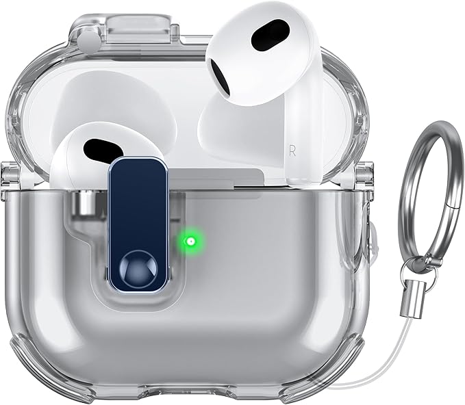 Clear Case for AirPods 3 Case Cover with [Lock Safety & Pop Up][Military Shockproof] Anti-Yellow Transparent Soft TPU Wireless Charging for AirPods 3 Generation Case with Keychain,Clear Black