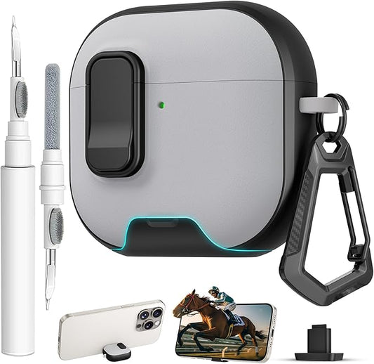 for AirPods 4 Case with Lock,TPU Leather Texture Protective Durability Anti-Lost & Shockproof Protective Cover Accessories with Cleaning Kit in Keychain for Apple AirPods 4 Generation (Black/Grey)