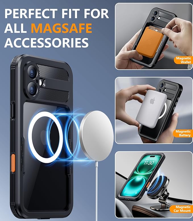 Red2Fire Magnetic for iPhone 16 Case Waterproof, [Built-in Screen Protector][Compatible with MagSafe] [Full Body Shockproof] [Dustproof] Heavy Duty Rugged Phone Cover 6.1" Black