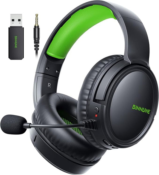 BINNUNE Wireless Gaming Headset — 2.4GHz Low-Latency USB Dongle + Bluetooth, 50mm Drivers 7.1 Surround, Noise-Cancelling Mic, 40H Battery — Over Ear Wireless Headphones for PS5, PC, Laptop, Green