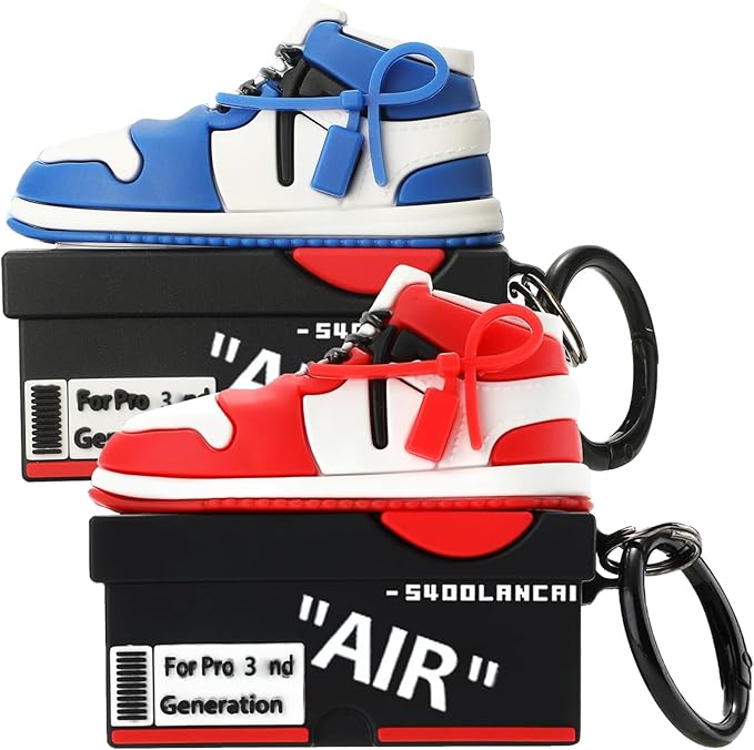 [2Pac] Compatible Airpods Pro 3 Case (2025),Cute Cartoon Shoe Box Soft Silicone Protective Cases for Apple AirPods Pro 3rd Generation Case,Airpod Pro 3 Cover with Keychain for Women Men,Red+Deep Blue