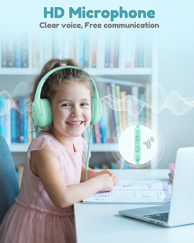 Kids Headphones for School Toddler Wired with Microphone Plug in Bulk Boys Headset Girls 3+ Year Old Green