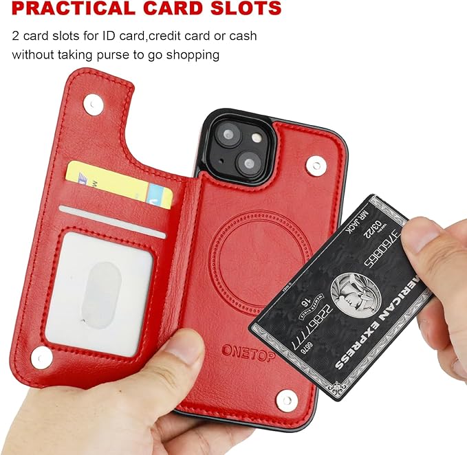 ONETOP Compatible with Magsafe for iPhone 13 Wallet Case with Card Holder, PU Leather Kickstand RFID Blocking Case, Double Magnetic Clasp and Durable Shockproof Cover 6.1 Inch (Red)