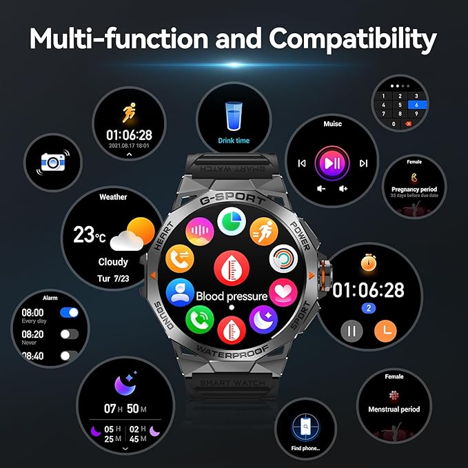 Smart Watch, 1.43" AMOLED for Android Phones with Bluetooth Call, Waterproof Rugged, Ultra Long Battery Life, 100+ Sports Modes