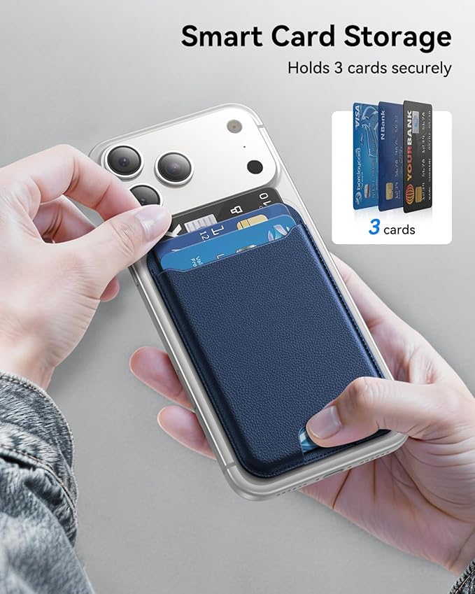 for MagSafe Wallet, 3 Cards Holder, Slim Magnetic Phone Wallet for iPhone 17/16/15/14/13/12 Pro Max Plus Air Series,RFID Blocking Vegan Leather,Navy Blue