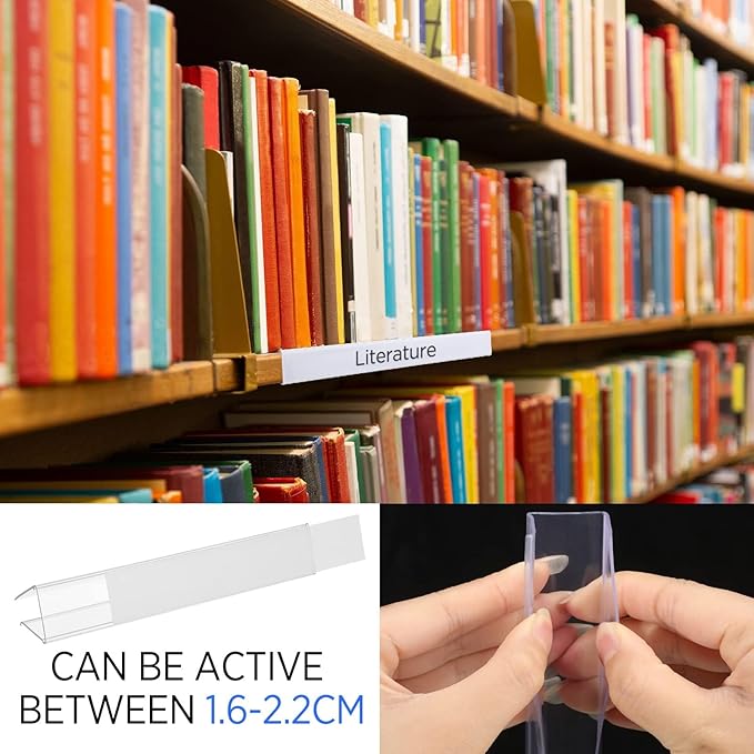 Teling 100 Pieces Shelf Label Holder, Clear Plastic 0.875'' x 6'' Shelves Clip Wood Tags Ticket Sign Label Metal Holders for 0.75'' Thick Shelves Includes Matched Blank Inserts Offices Libraries
