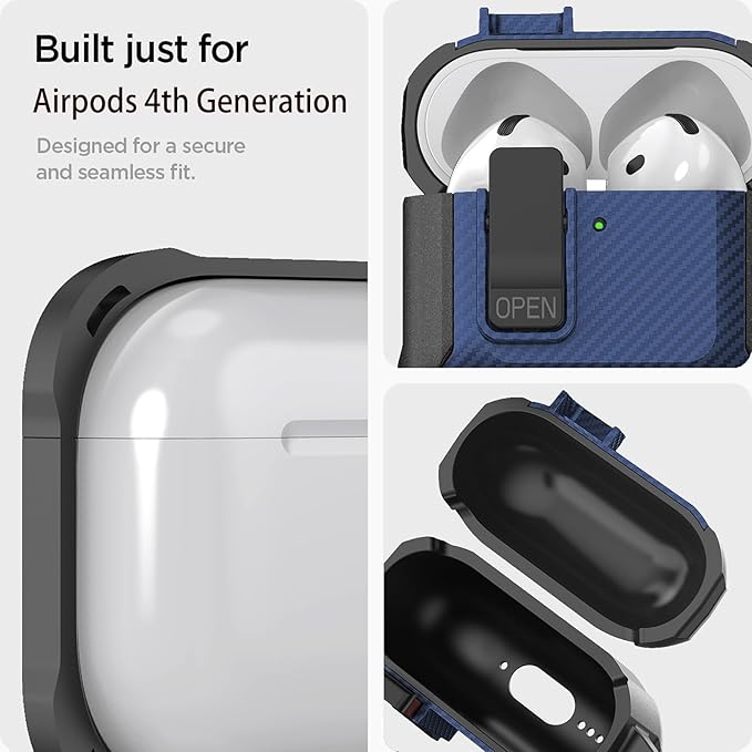 for Airpods 4 Case with Lock Clip, Rugged Apple Airpods 4th Generation Cover 2024 Men Women, Armor Shockproof iPod 4 Gen Protective Hard Shell with Carabiner&Cleaner kit,Black/Blue