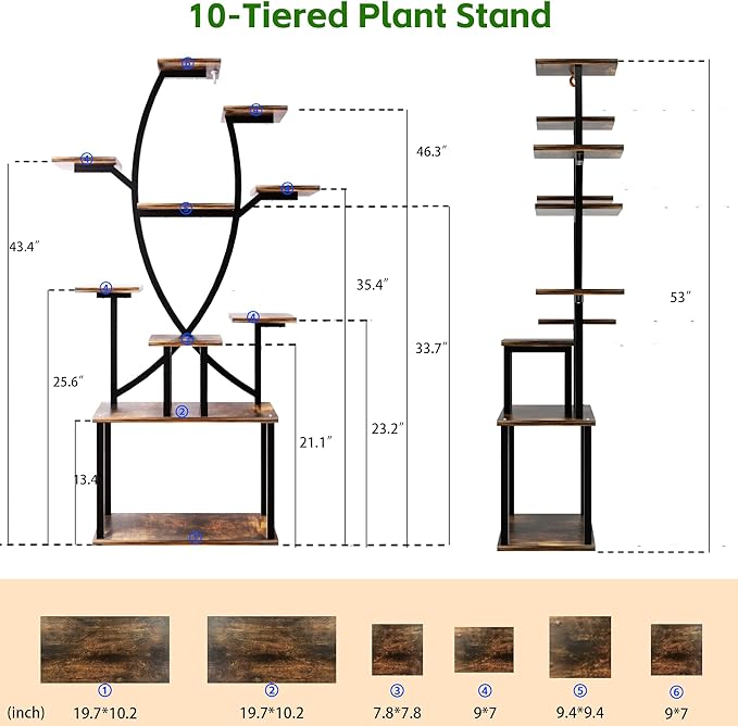 53" Plant Stand Indoor with Grow Lights, 10-Tier Space-Saving Corner Plant Shelf for Small Apartments, Lighted Indoor Plant Growing Display Rack for Living Room, Balcony & Bedroom