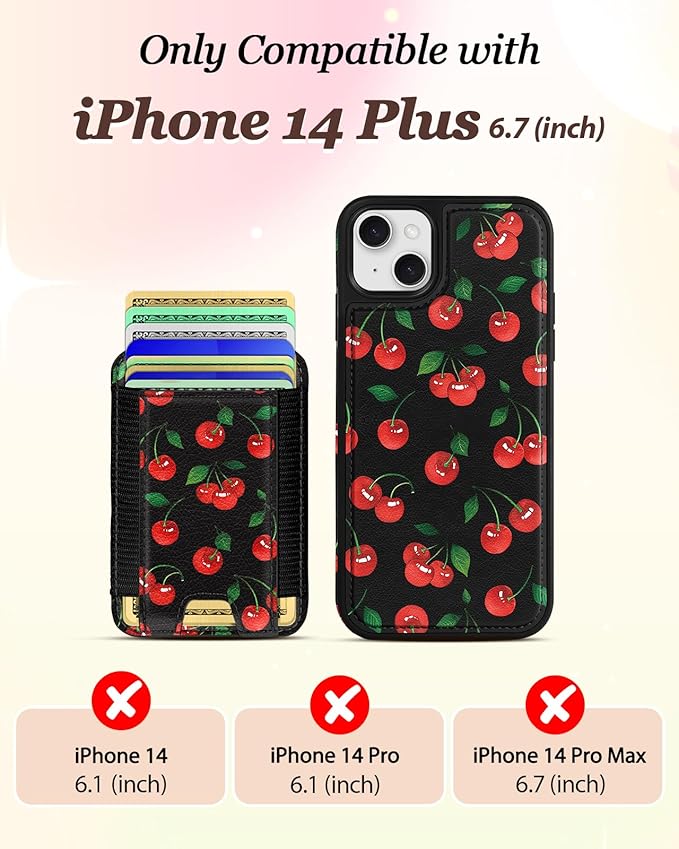 Shorogyt for iPhone 14 Plus Wallet Case - Fits 5 Cards, Compatible with Magsafe Detachable Magnetic Credit Card Holder Leather Cardholder Cute Phone Cover Women Girls for Apple 14Plus, Cherry