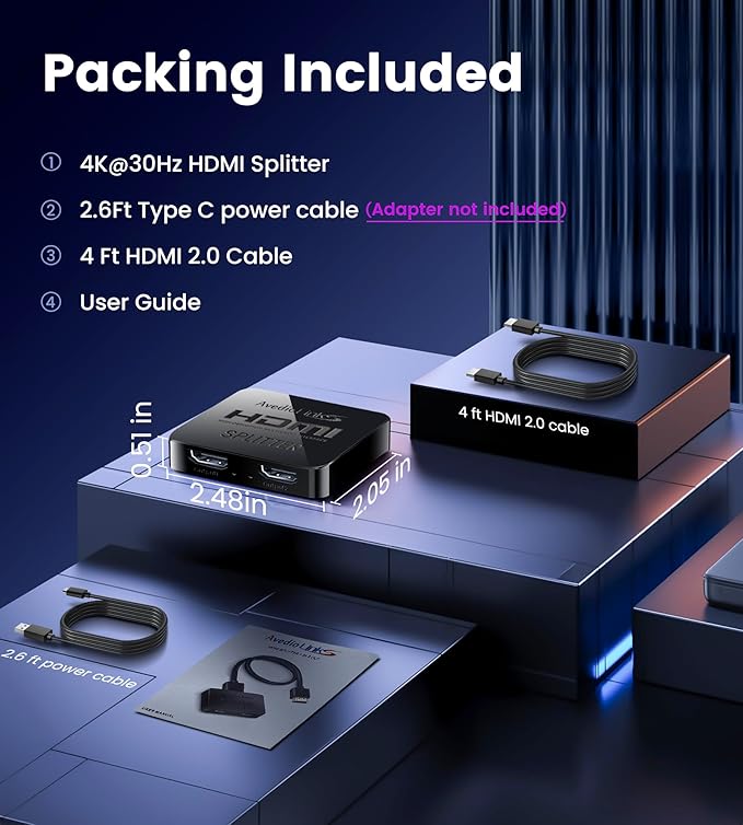 avedio links HDMI Splitter 1 in 2 Out [w/ 4 Ft Hdmi Cable]Not for Extended Display-Mirror Same Screen Only, 4K 1x2 HDMI Splitter 1 to 2 for 3D 1080P@60Hz, Copy 1 Source to 2 Displays at The Same Time