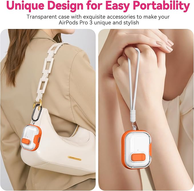 for Airpods Pro 3 Case 2025, Anti-Yellowing Clear Case for Airpods Pro 3 with Secure Lock & Phone Stand, Soft TPU Drop Protection Cover with Cleaning Kit (Orange)