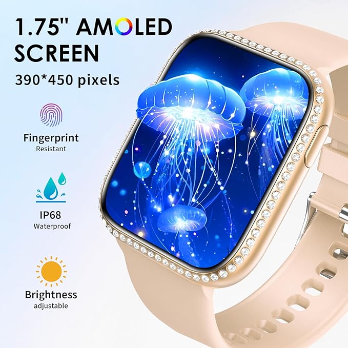 Smart Watch for Women, 1.75" AMOLED Fitness Tracker for Android iOS, Answer/Make Call with Heart Rate Sleep Monitor 130+ Sports Mode, IP68 Waterproof Smartwatch (Orange Band)