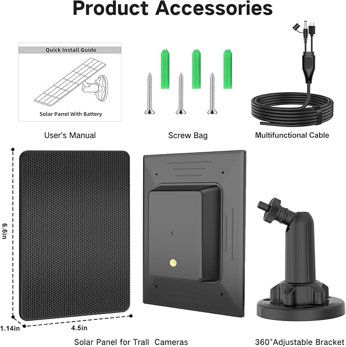 Trail Camera Solar Panel, Built-in 5000mAh Rechargeable Battery Solar Panel for Trail Camera, IP66 Waterproof Solar Charger Kit Hunting Accessory Solar for Trail Cameras - Output Type C/5V DC/6V