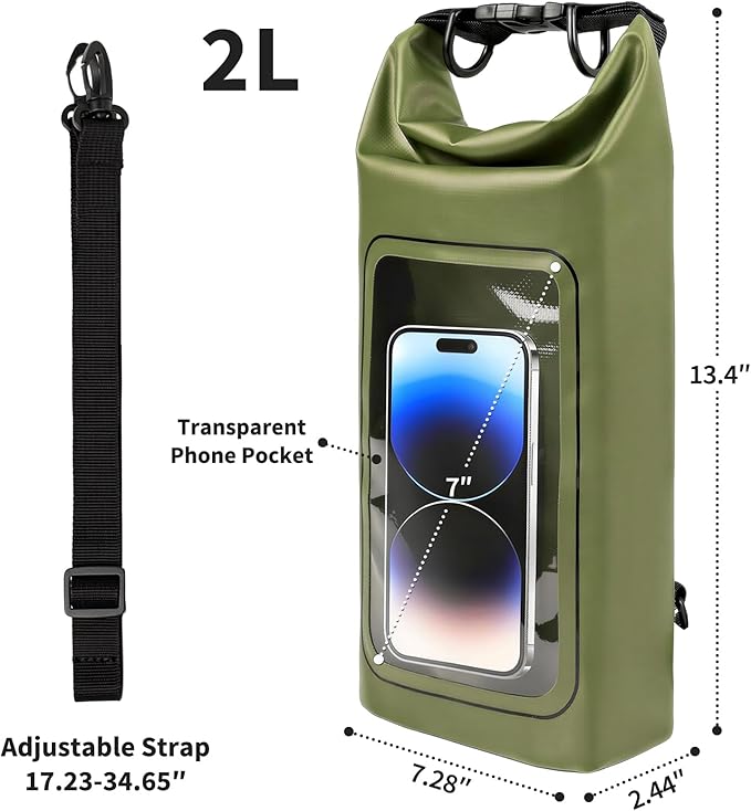 Waterproof Dry Bag, 2L Roll Top Waterproof Bag IPX8 with Crossbody Strap, Phone Clear Window, Phone Pouch Water Protector for Camp Beach Travel, Cruise Essentials, Kayak Accessories (Army Green)