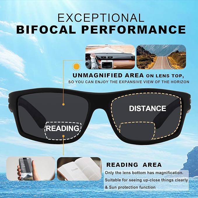 Missfive 2-Pack Mens Ultimate Bifocal Sunglasses with Readers Built In Sporty Upgraded Wrap Frame, UV400 Protection Driving & Reading Glasses for Outdoor +3.0 (Dark/Brown)