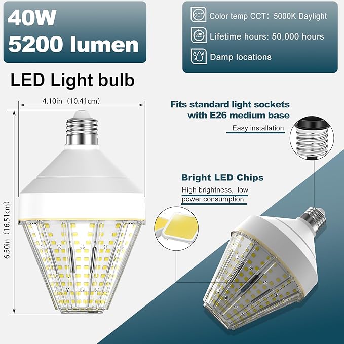 GT-Lite 5200 Lumen LED Corn Cob Light Bulb, 40-watt, 300-watt Equivalent, Daylight 5000K Light Color, E26 Base, Garage Light Bulb, Energy Saving LED Light for Indoor Outdoor Use. 1-Pack