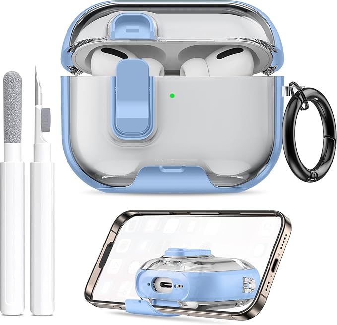 for AirPods Pro 3 Case (2025) with Phone Stand & Cleaner Kit, Cute Soft Silicone Cover for AirPods Pro 3rd Genera case with Keychain for Women Men with Keychain for Airpod Pro case(2025) Light Blue