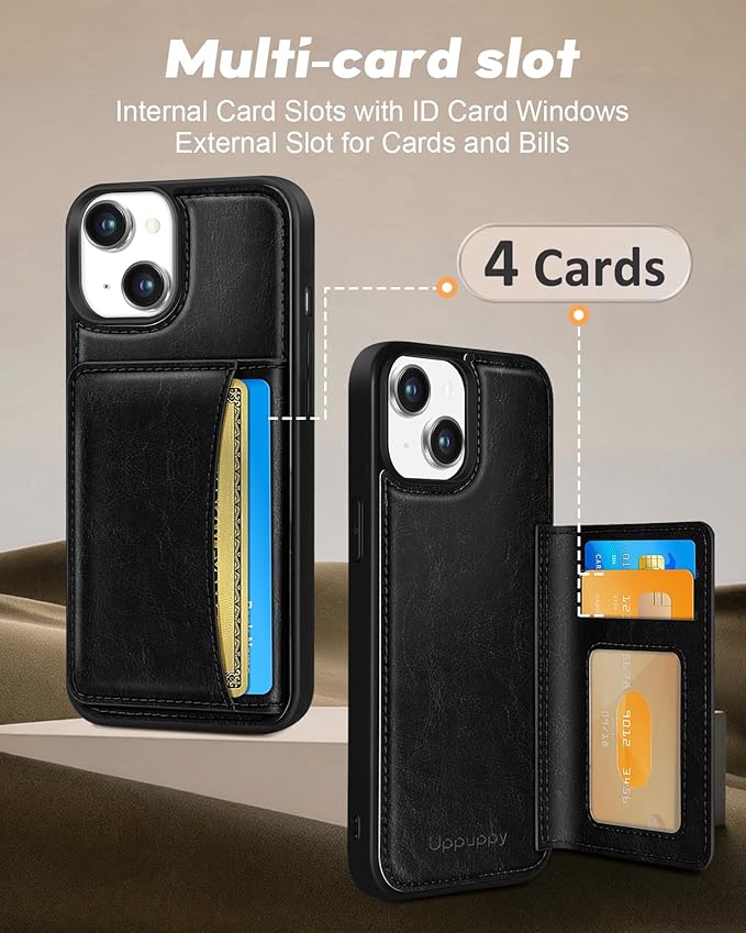 for iPhone 15 Plus Case with Wallet - Fits 4 Card Slots, Compatible with MagSafe for Women Men Durable PU Leather Credit Card Holder Kickstand Phone Cover for Apple 15 Plus, Black