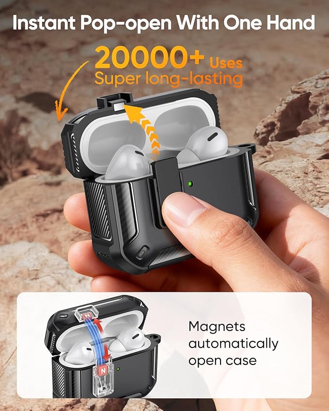 MoKo for AirPods Pro 2 Case with Lock - Compatible with MagSafe, Phone Stand & Auto Pop-up for AirPods Pro 2nd/1st Generation Case, Military-Grade Protective Cover with Cleaner Kit, Black
