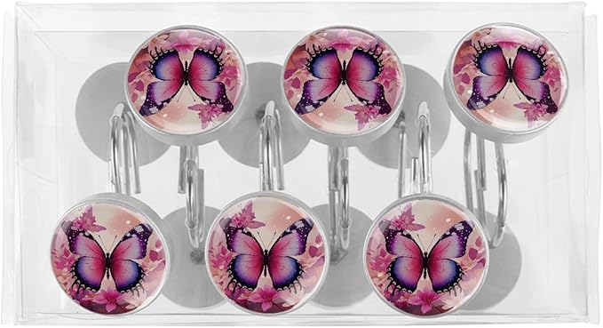 12 Packs Butterfly and Pink Floral Shower Curtain Hooks, Stainless Steel Glass Shower Curtain Rings for Bathroom Decor, Metal Rustproof Curtain Rod Hooks