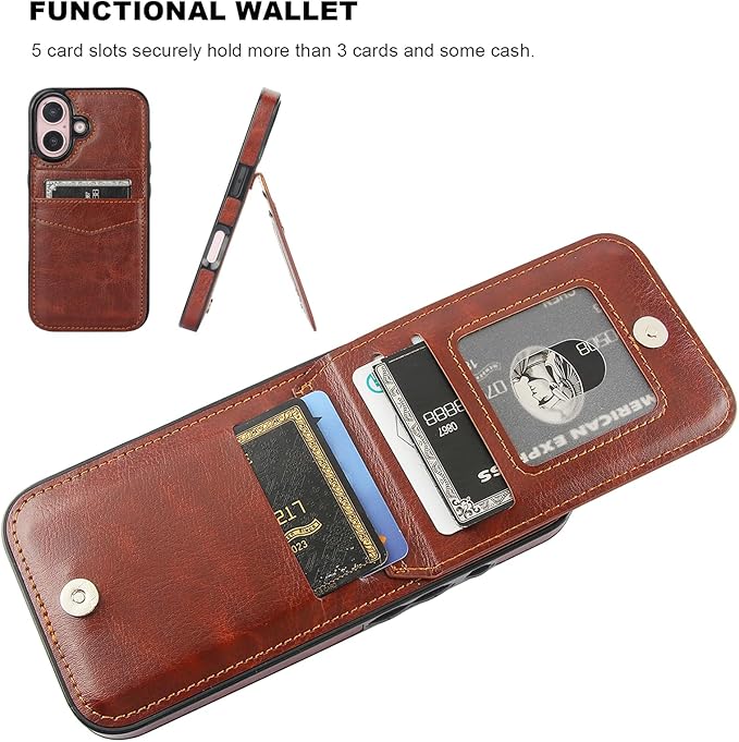 KIHUWEY Compatible with iPhone 16 Case Wallet with Credit Card Holder, Flip Premium Leather Magnetic Clasp Kickstand Heavy Duty Protective Cover for iPhone 16 6.1 Inch (Brown)