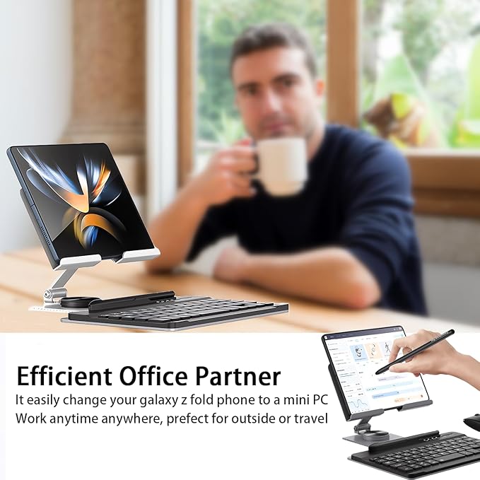 for Samsung Galaxy Z Fold 7 6 5 4 Trifold Stand and Keyboard Mouse, Portable Mini Bluetooth Keyboard, Foldable Adjustable Aluminum Alloy Stand Holder for Desk, with Wireless Mouse and Pen
