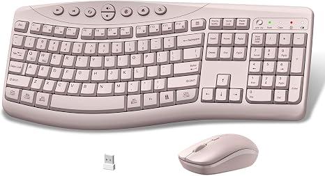 Wireless Keyboard and Mouse Combo, 2.4G Quiet Ergonomic Curved Keys(Pink)